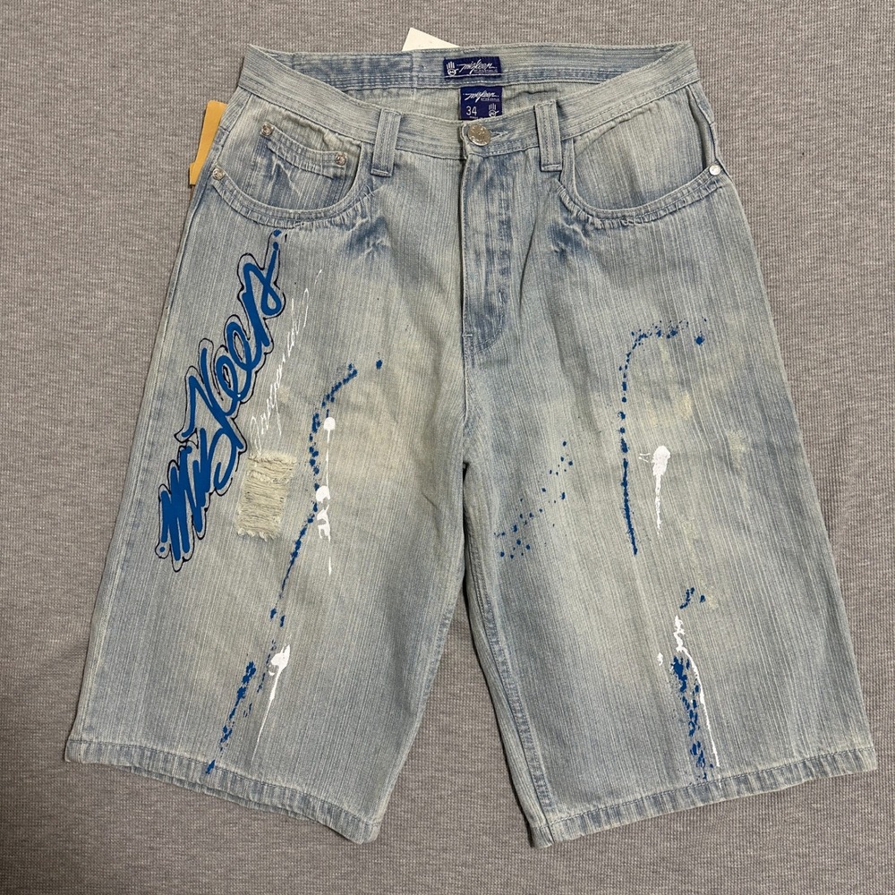 Mizleen Originals Baggy Denim Shorts Graffiti Paint Splatter‎ Light Wash Mens 34